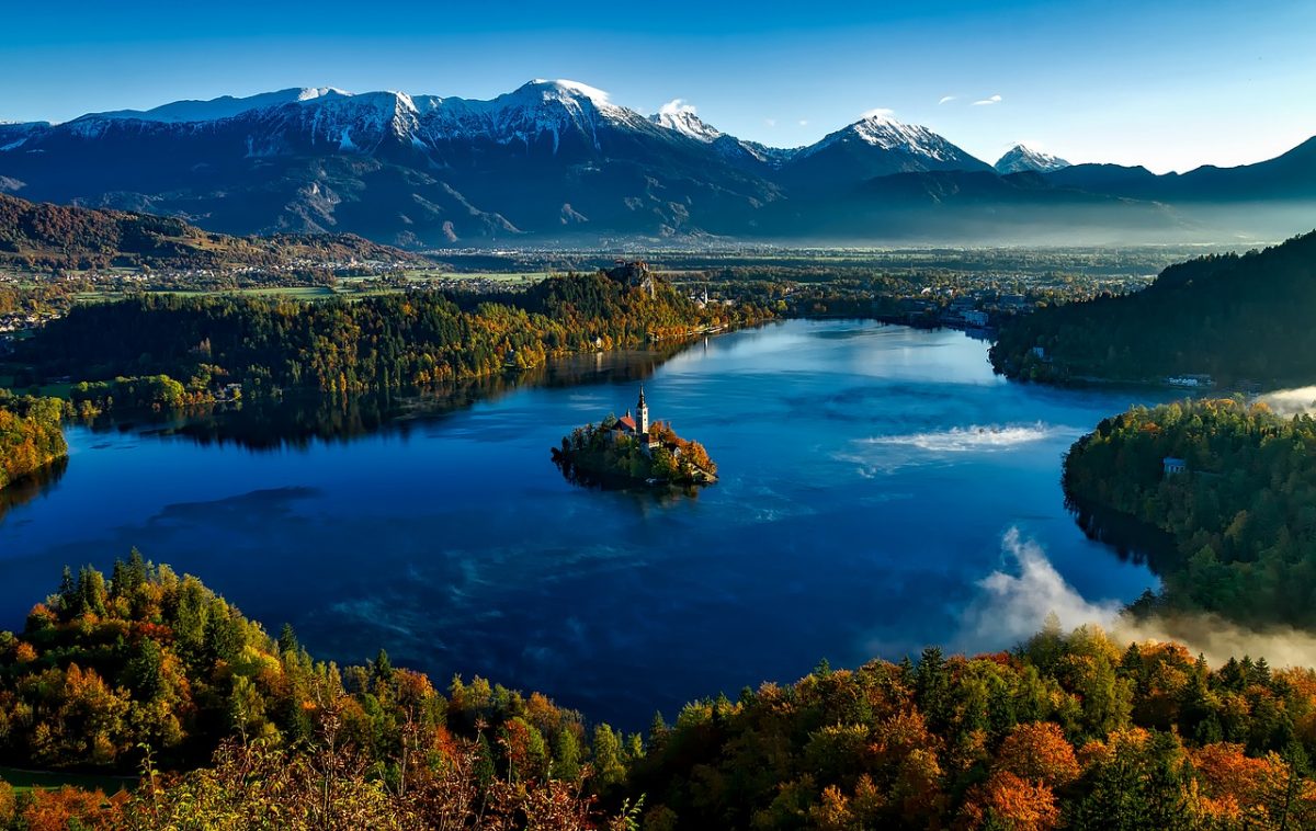 Bled Island in the middle of the picturesque Lake Bled, Slovenia