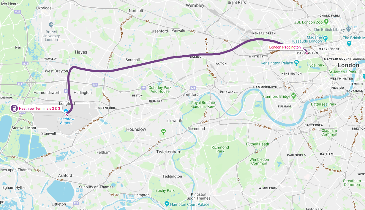 Heathrow airport to London by Train Map