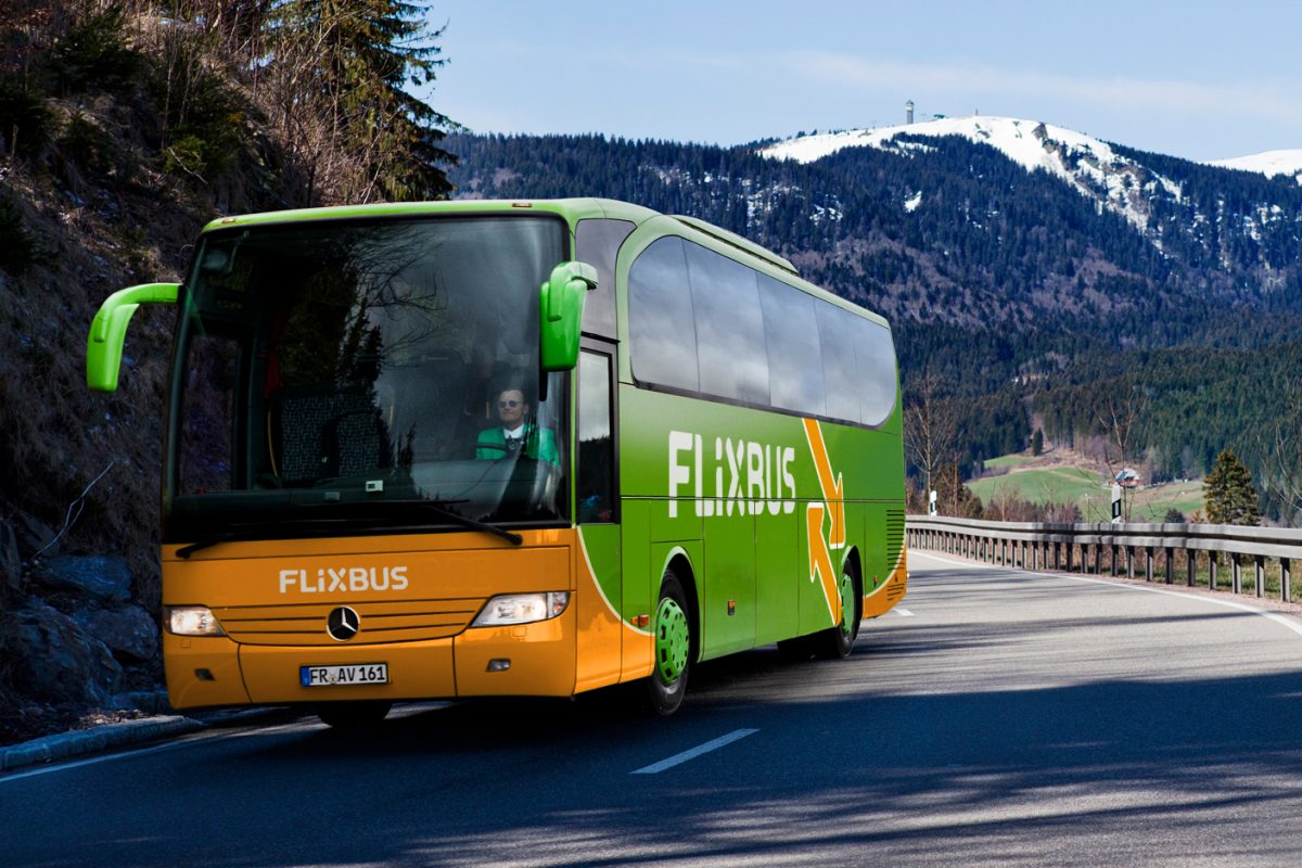 A typical lime green and bright orange coloured Flixbus in France