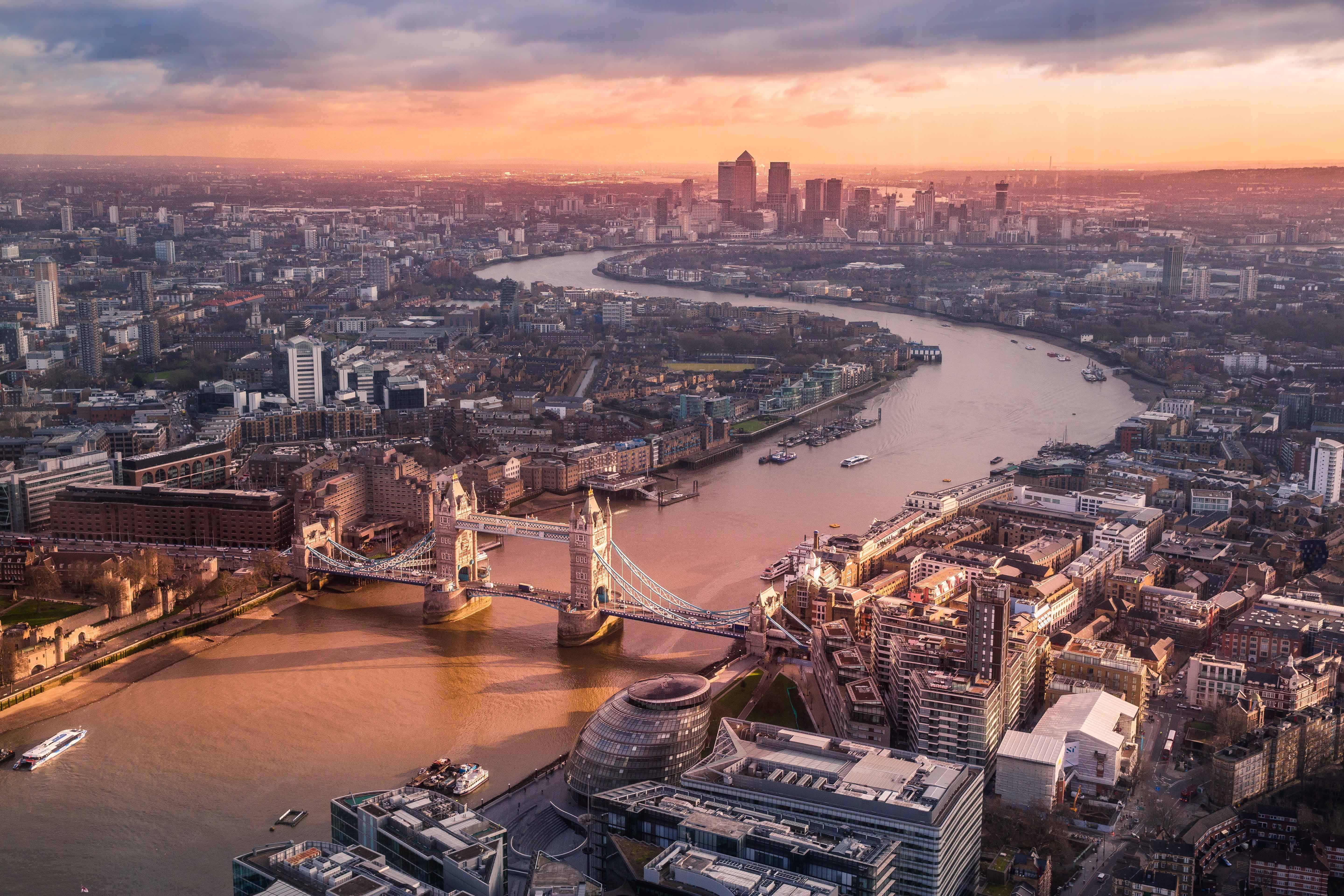 London skyline travel Britain by plane
