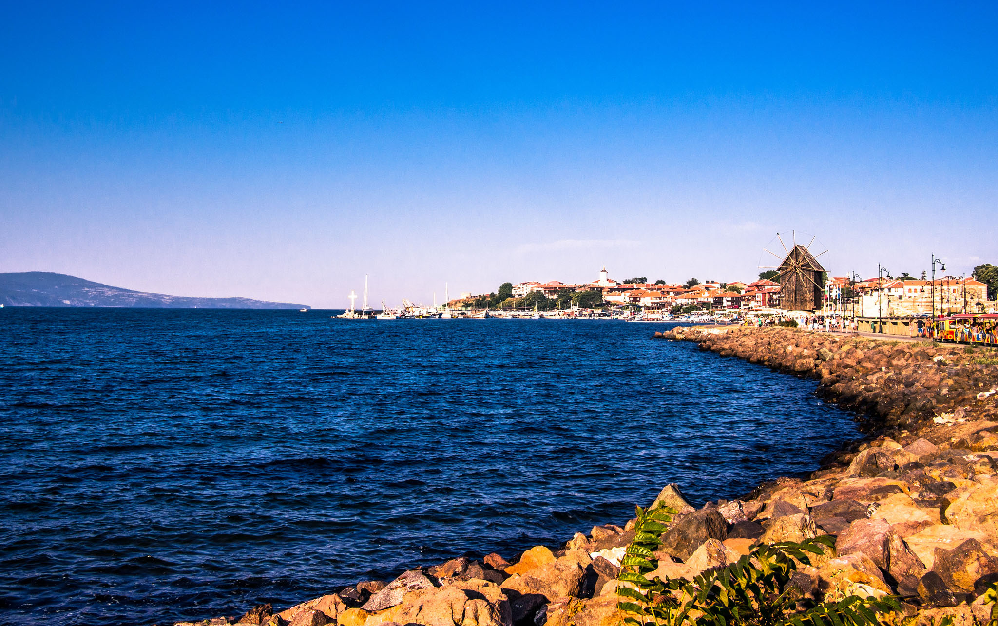 Black Sea shore and town of Nessebar in Bulgaria